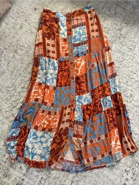 Golden Trip Hawaii Midi Flowy Skirt Hibiscus Patchwork Tropical Monstera Small